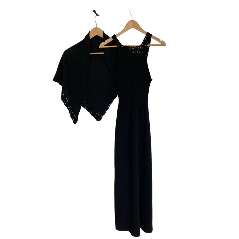 Vtg Knit Bazaar Black Crochet-Trim Midi Dress Matching Shawl S 6 Special Event